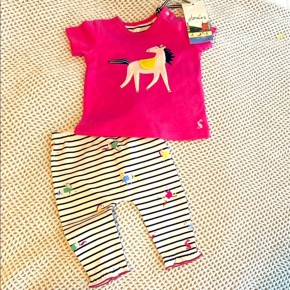 Joules Bright Pink Horse Tee and Striped Leggings organic cotton